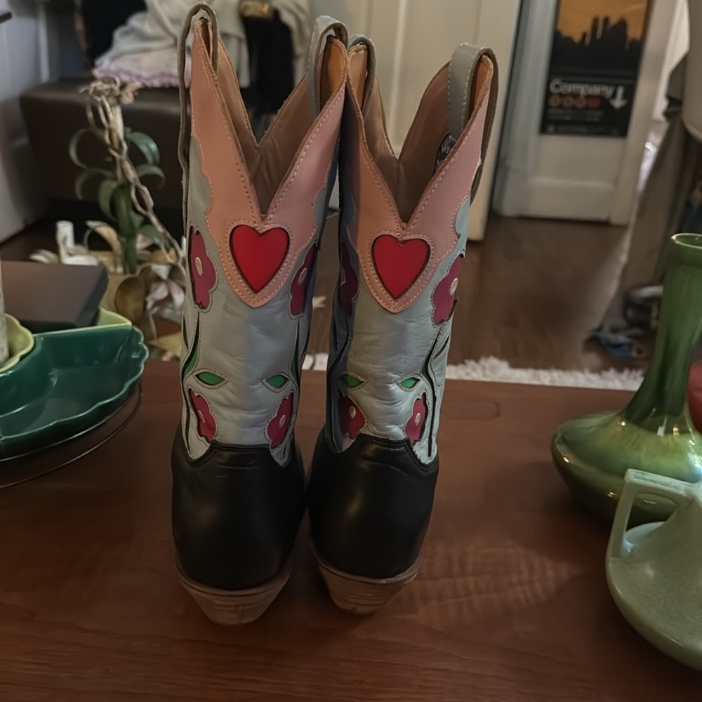 Dingo Black, Blue, and Pink Cowboy Boots with Hearts and Flowers - Picture 3 of 5
